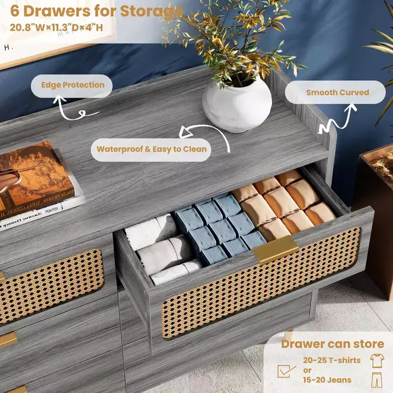 6-Drawer Mid-Century Dresser with Rattan Panels & Gold Hardware – 47.2