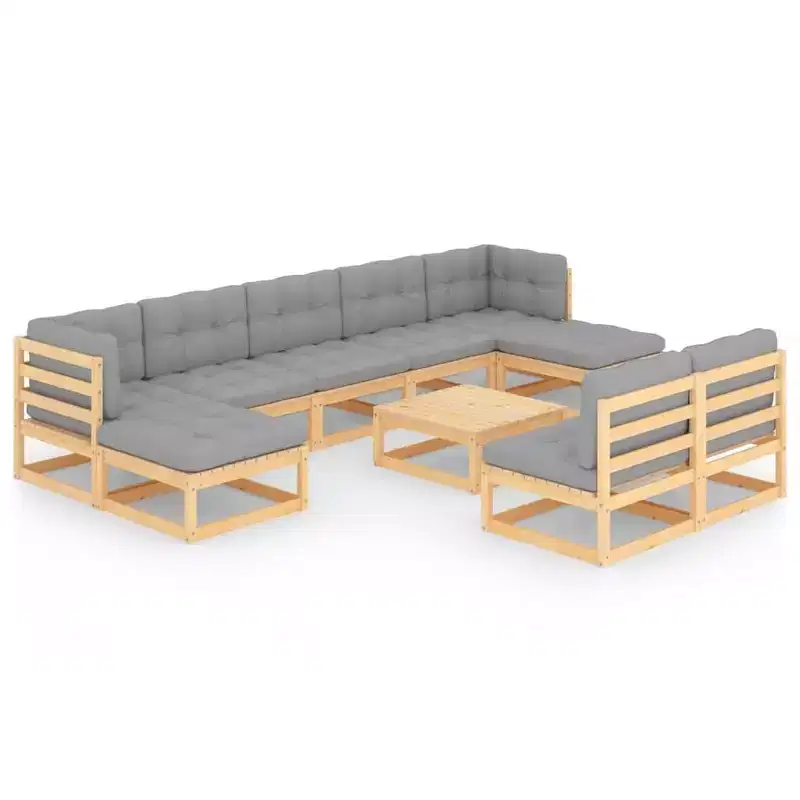 vidaXL Patio Furniture Set 10 Piece Outdoor Sectional Sofa Solid Wood Pine - Natural With Cushion