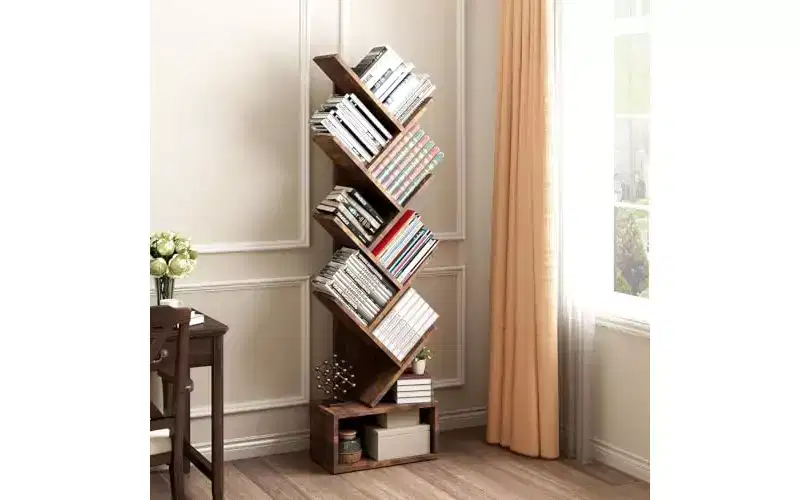 Wooden Tall Tree Bookshelf with Storage, Corner Bookshelf for Living Room, Bedroom, Home Office
