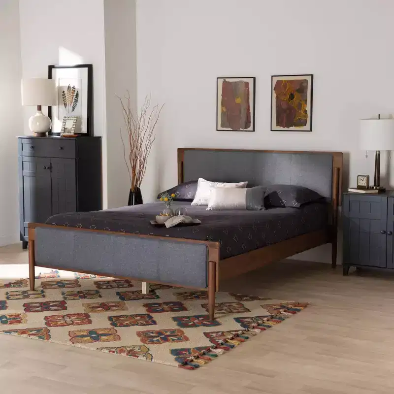 Wooden Platform Bed: Mid-century design, foam-padded, no box spring required.