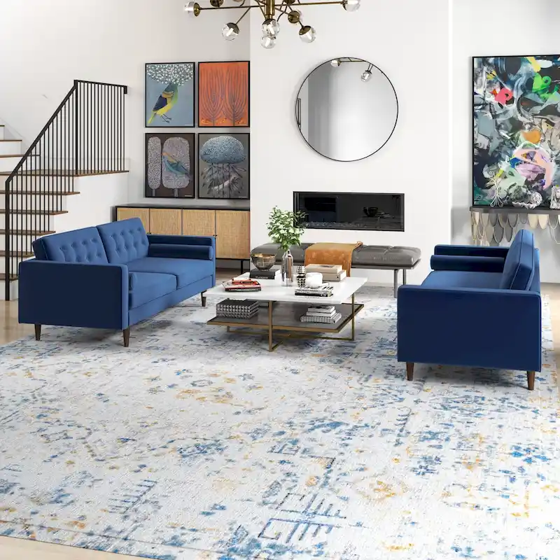 Kenzo Mid Century Pillow Back Velvet Sofa and Loveseat Set