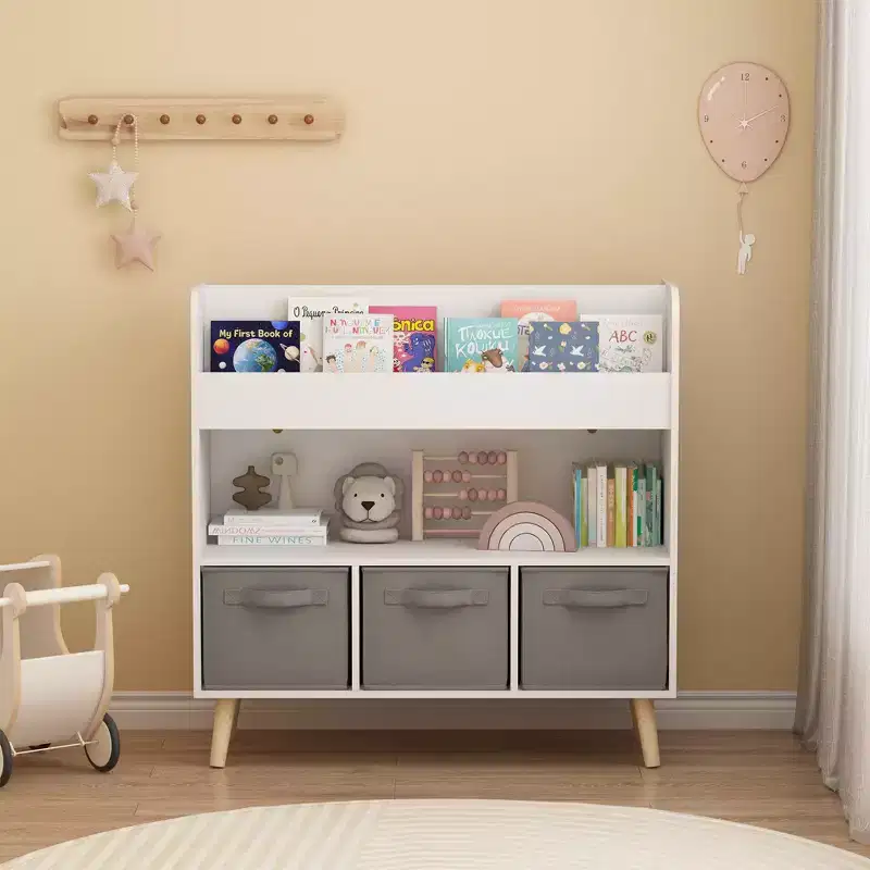 Kids Bookshelf with 3 Fabric Bins, Childrens Bookcase and Toy Storage Organizer for Playroom, Bedroom or Nursery, White & Gray