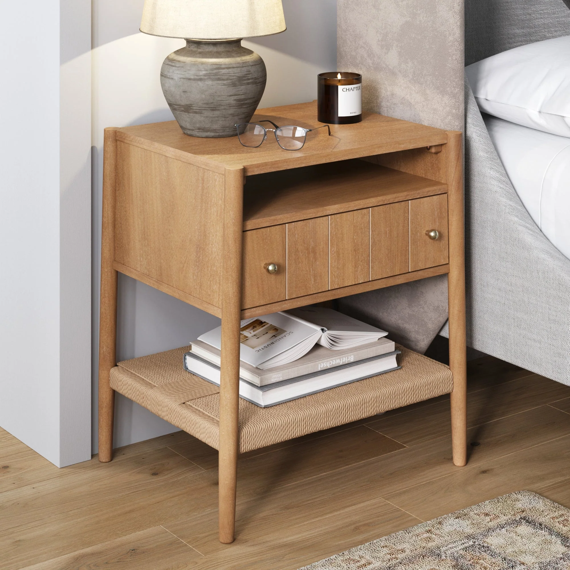 Wood Nightstand with Drawer & Seagrass Storage Light Brown