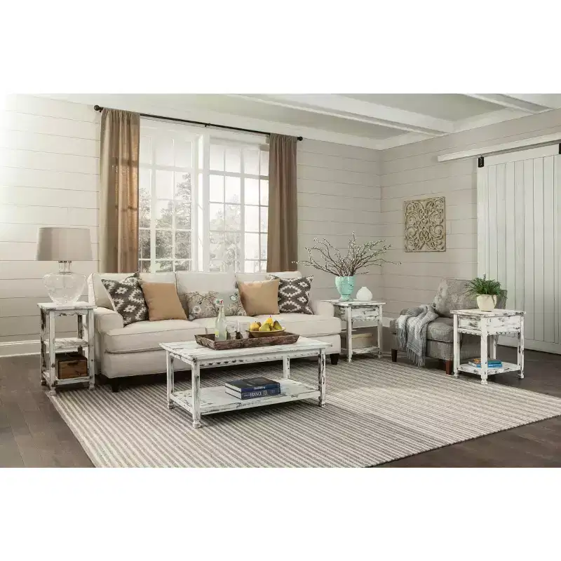 Rustic Chairside End Table with 1 Drawer & 1 Shelf, Distressed White Finish & Square Turned Legs