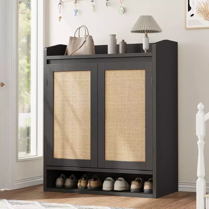 Rattan Shoe Cabinet with 2 Doors, 5-Tier Shoe Storage Cabinet with Adjustable Shelves, Wooden Shoe Storage Organizer for Entryway, Hallway, Black