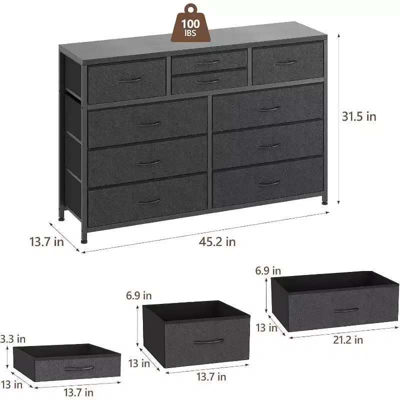 Acekool 10 Drawer Dresser TV Stand for 55 TV, Storage Unit for Bedroom or Living Room Black