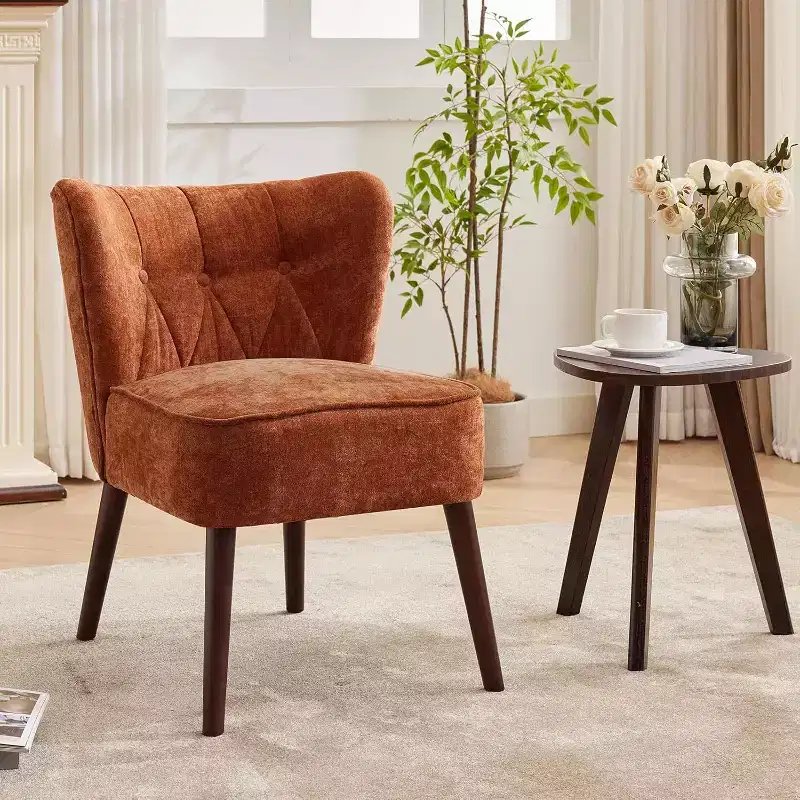 Modern Wingback Chair - Armless Lounge Chair with Wood Legs, Upholstered Makeup Vanity Tufted Side Chair, Fabric Comfy, for Living Room Bedroom Patio