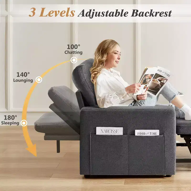 42.5 Inch 3-in-1 Sleeper Chair Bed, Convertible Sofa Chair with Pull Out Bed, Adjustable Backrest, Side Pockets