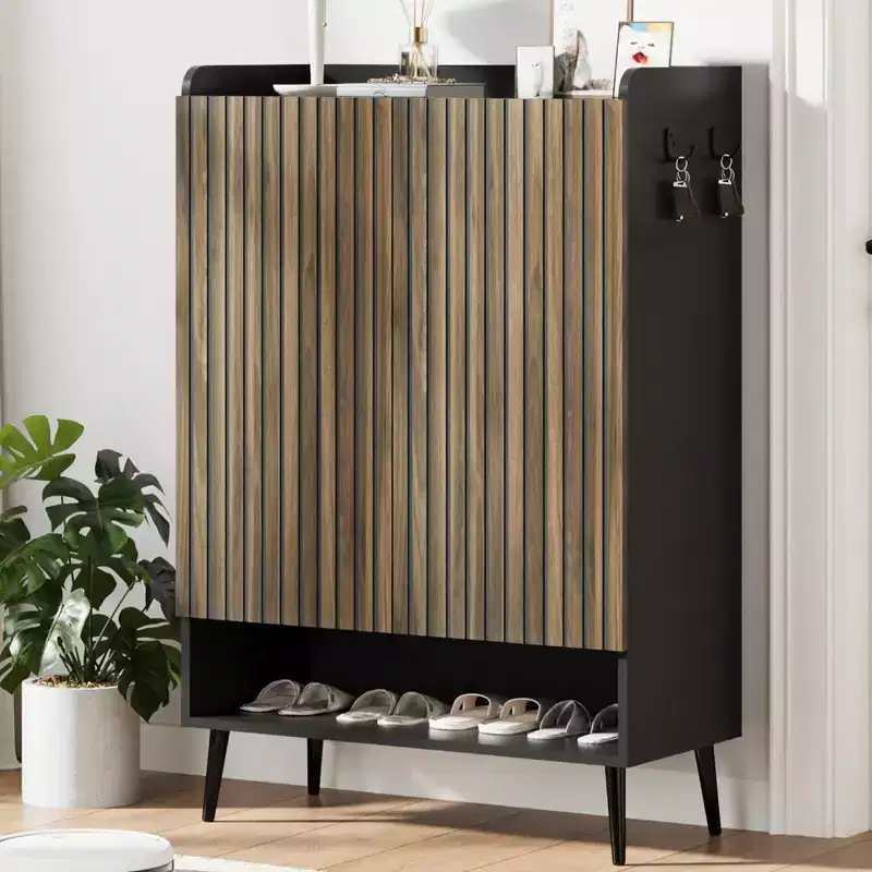 TruAIR Black 6-Tier Shoe Cabinet with 2 Doors - Large Entryway & Living Room Shoe Organizer with Hooks