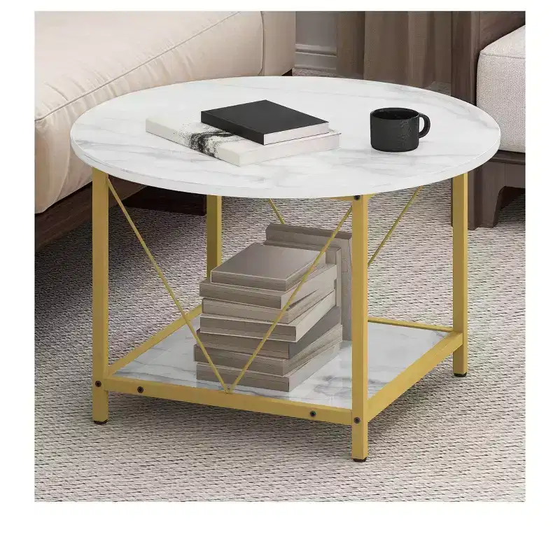 Modern Design 2-Tier Round Coffee Table With Open Shelf Storage Wood Center Coffee Home Decor For Office Living Room