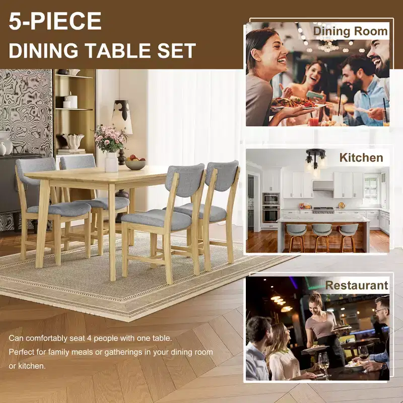 5-Piece Rustic Dining Set with Wood Table and 4 Upholstered Chairs in Espresso