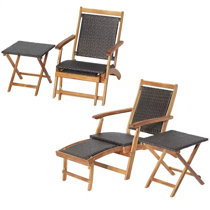 Costway 4PCS Patio Rattan Folding Lounge Chair Table Acacia Wood withRetractable Footrest