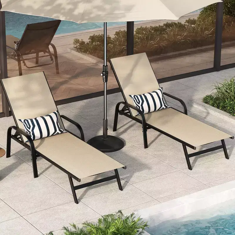 Outdoor Lounge Chair Set of 2  5-Position Adjustable Recliner, Textilene Fabric, 76 Pool Chaise for Patio, Garden & Poolside