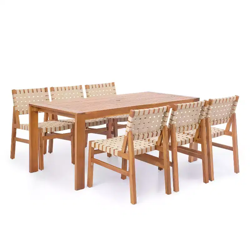 Christopher Knight Home Ratchanon Modern 7 Piece Acacia Wood Patio Dining Set with PE Woven Rope and Slatted Table