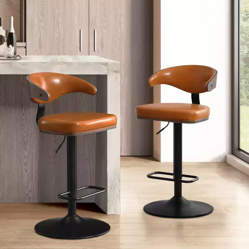 Art Leon Bentwood and Faux Leather Swivel Barstool with Adjustable Height