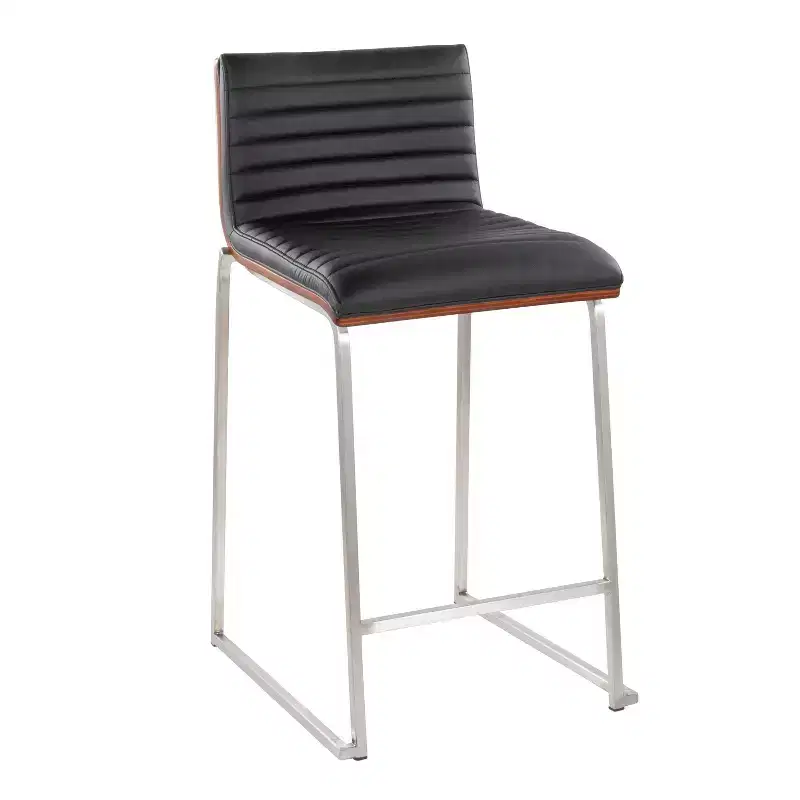 Counter Height Barstools Set of 2 Walnut Wood Back Black Faux Leather Stainless Steel