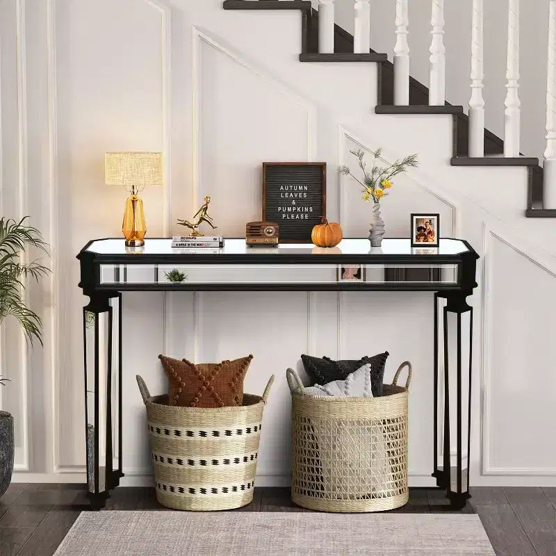 48IN Vintage Console Table with Wood Grain Carving, Accent Table with Mirror Surface, Hallway Table for Living Room, Entryway