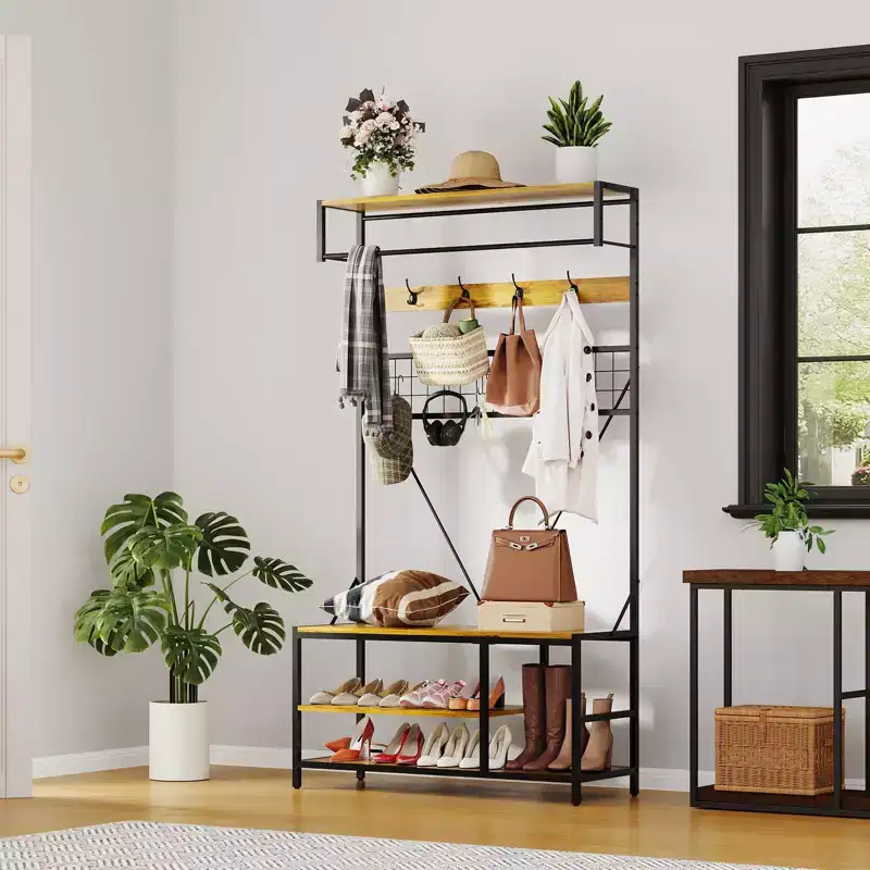 Hall Tree with Bench and Shoe Storage, 5 in 1 Entryway Shoe Bench with Coat rack, 39.37 Coat and Shoe Rack, Hanging Rod and 9 Hooks