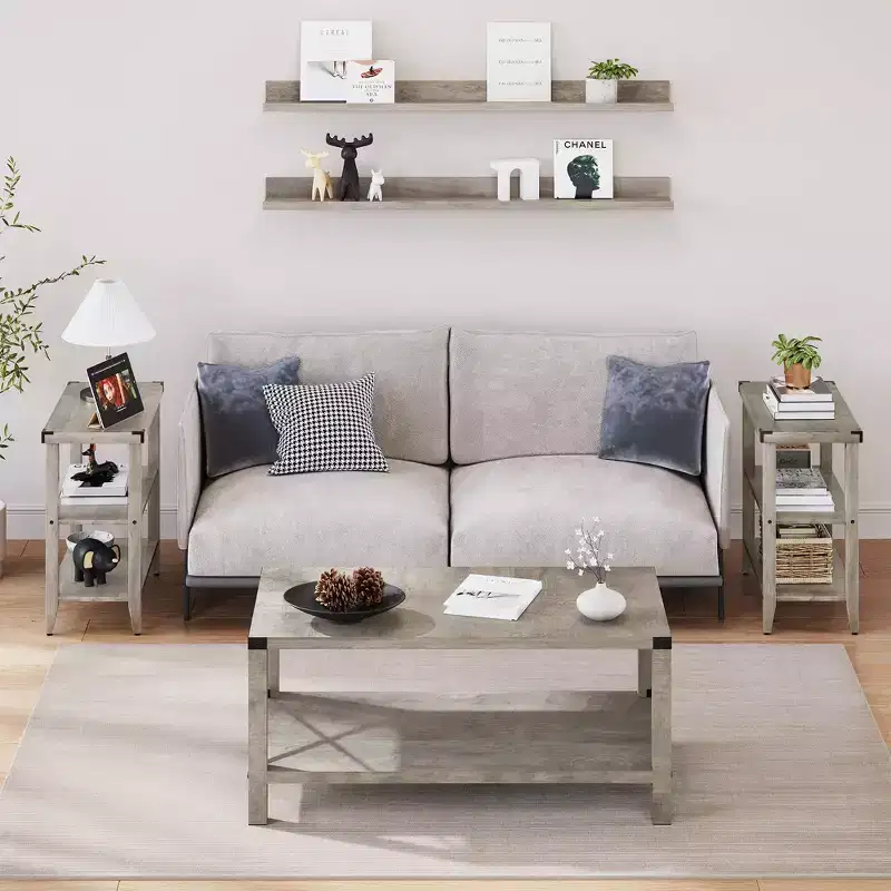 Farmhouse End Table Rustic Side Table with Storage Shelf for Small Spaces Grey Bedside Table Narrow Nightstand for Living Room, Bedroom (2PCS)