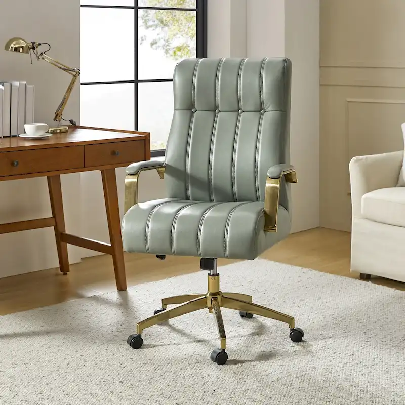 Mid-Century Modern Vegan Leather Swivel Tilting Office Chair with Channel Tufted and Metal Feet