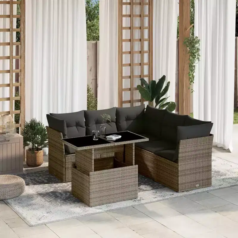 vidaXL 6 Piece Patio Sofa Set with Cushions, Poly Rattan, Modular Outdoor Sectional, Adjustable Table, Multiple Colors