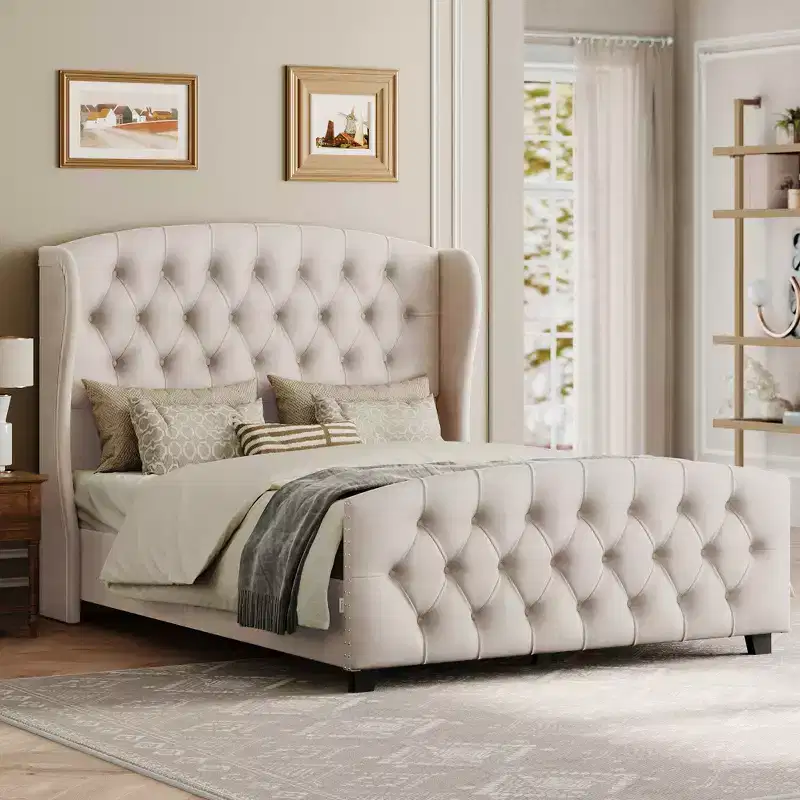 Queen Bed Frame with Tall Headboard, Upholstered Platform Bed Frame Queen Size, with Wingback Tufted Headboard, Cappuccino Beige