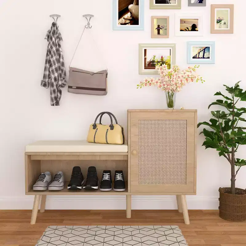 2-in-1 Shoe Storage Bench Shoe Cabinet with 2 Adjustable Shelves and Removable Seat Cushion, Modern Entryway Bench, Shoe Storage Organizer