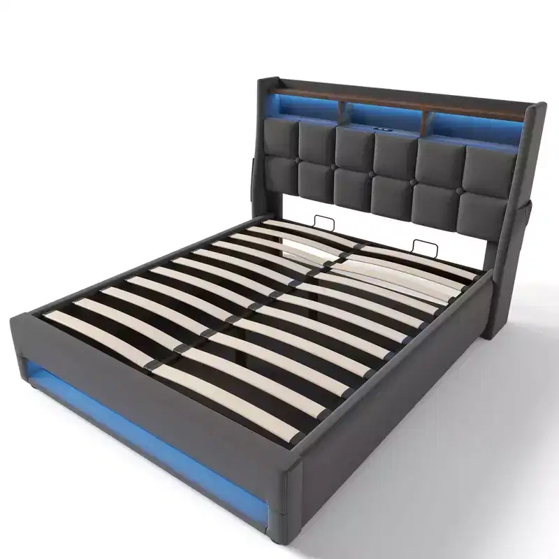 Queen Bed with Hydraulic Storage, LED, USB, Upholstered Headboard, No Box Spring, Easy Assembly