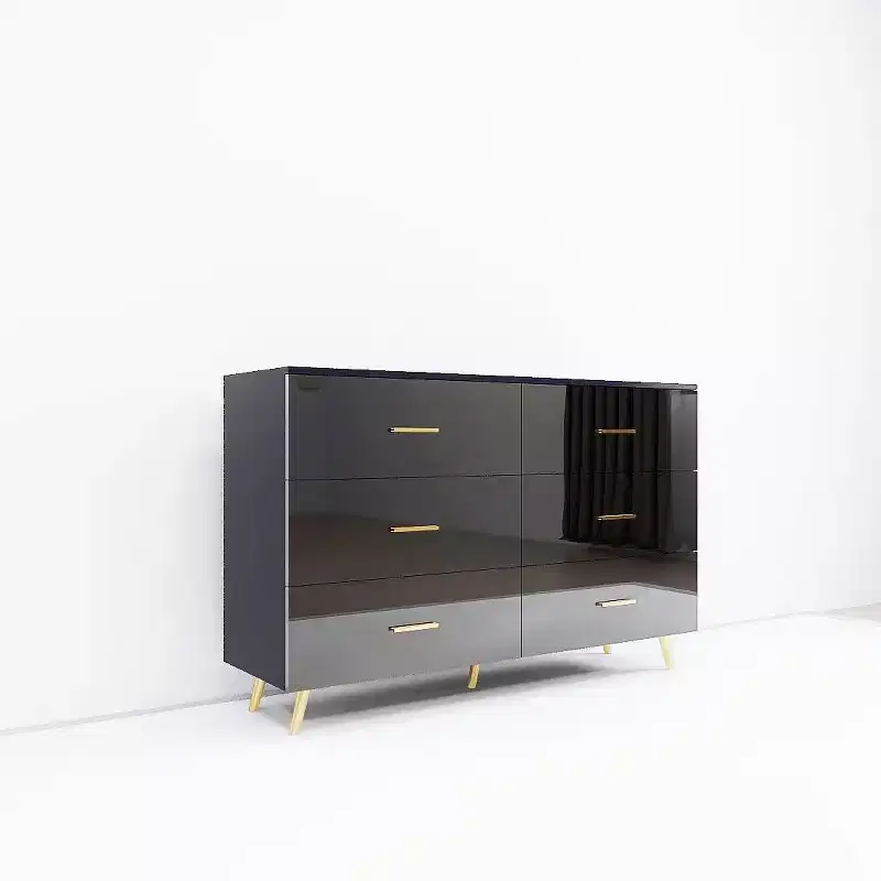 Okak 6-Drawer Dresser with High Glossy Surface,Modern Black&Gold Chest of Drawers,Stylish Storage Dresser for Bedroom,Living Room,Entryway