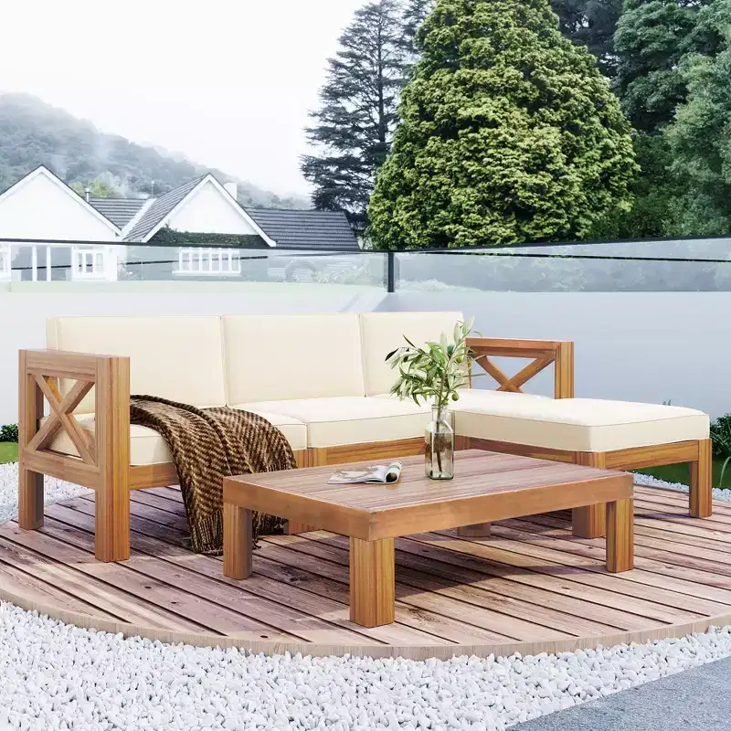 5pcs Outdoor Wooden Furniture Set, Patio Seating Group Conversation Set, Modular Sofa Set With Cushions - ModernLuxe