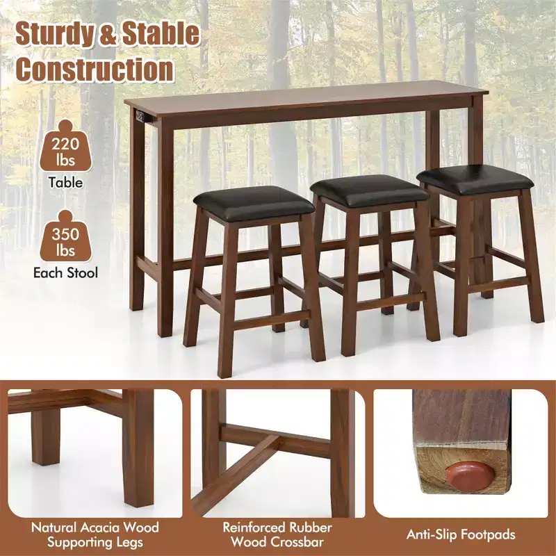 Costway 4-Piece Bar Table Set w/ Power Outlet Counter-Height Table & 3 Bar Stools