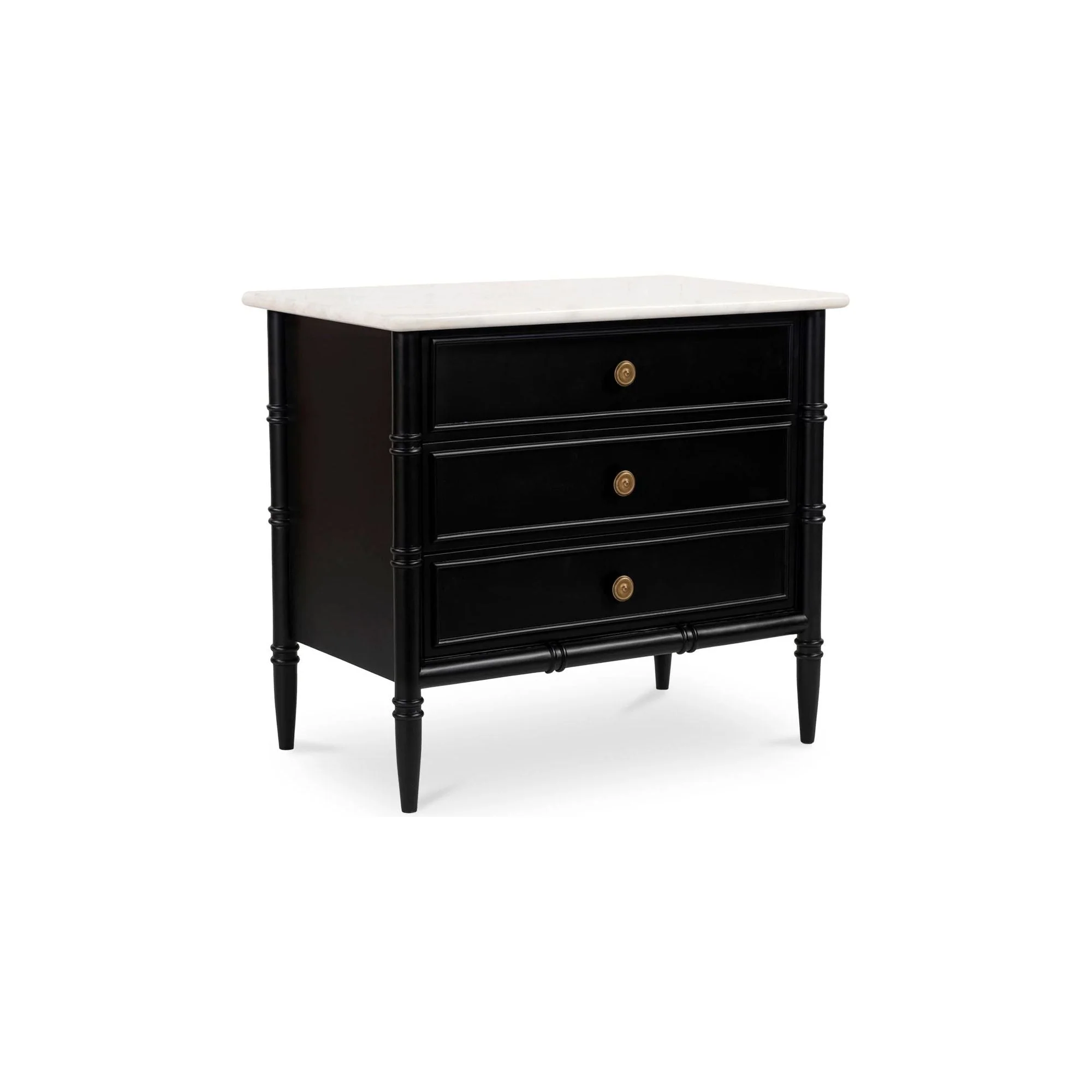 Provence-Inspired Mango Wood & Marble Top Nightstand with Brass Handles & Dual Drawers for Bedroom