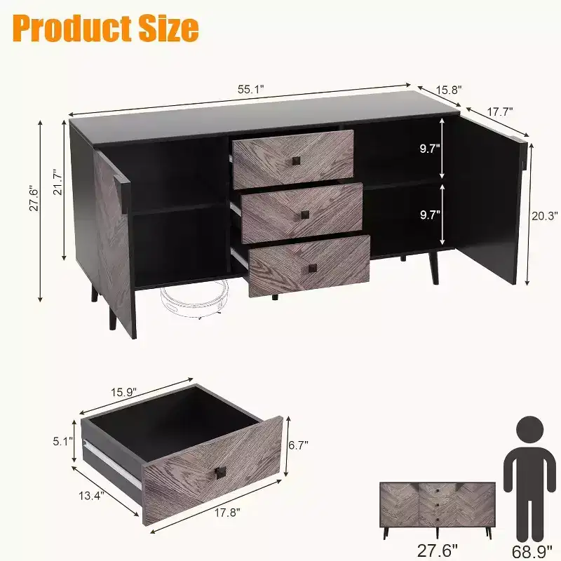 Acekool 55.1 Contemporary Storage Cabinet, Sideboard Buffet with Drawers & Doors, Accent Cabinet for Dining Room, Entryway