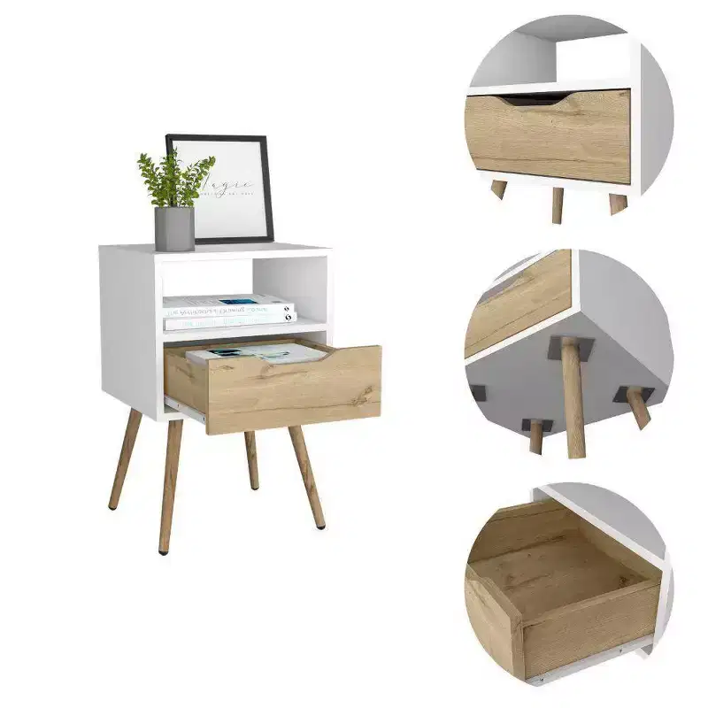 Nightstand White/Light Oak - Modern Design, Open Shelf, Wood L Te