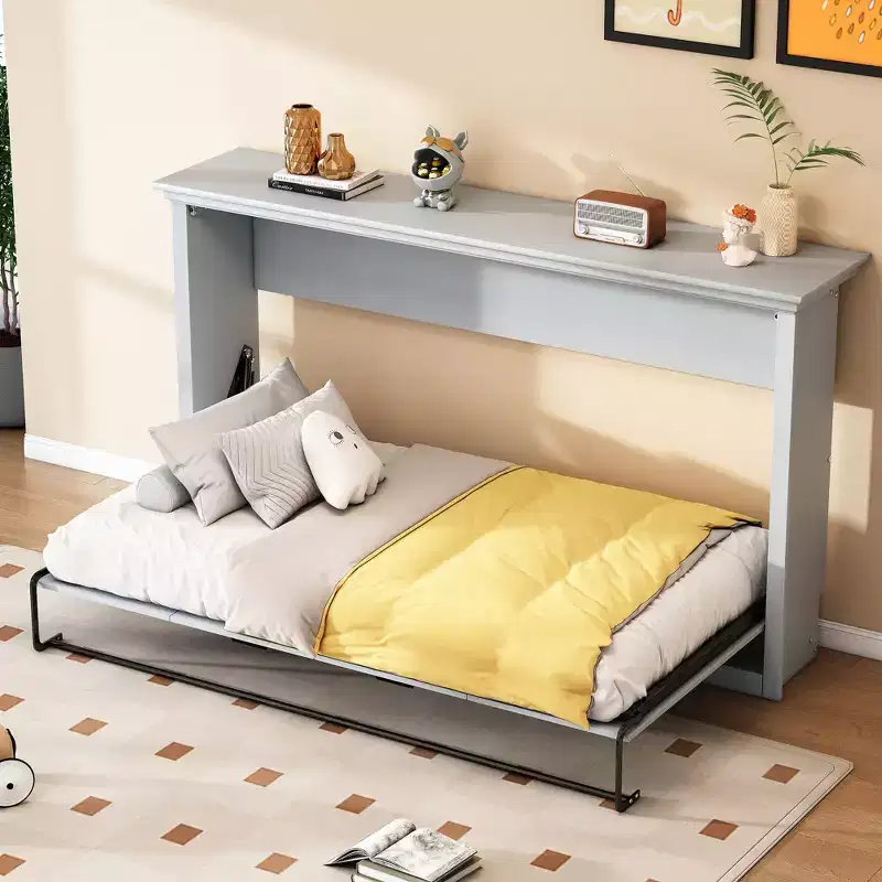 Twin Size Wood Murphy Bed Wall Bed, Foldable Cube Cabinet Full Platform Bed for Bedroom Guest Room Home Office, Grey