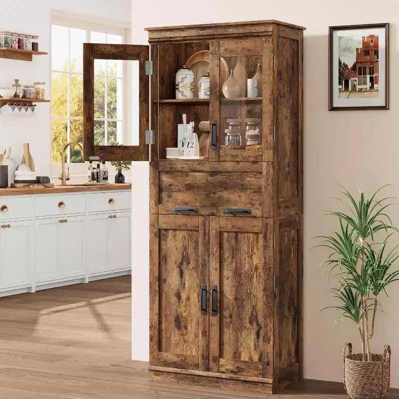 67 H Tall Bathroom Storage Cabinet,4 Doors & Flip Glass Drawer, Freestanding Organizer with Adjustable Shelves for Kitchen, Pantry, Living Room