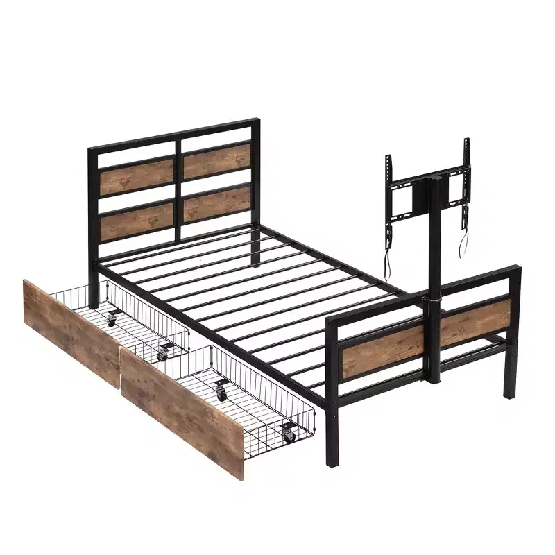 Twin Size Metal Platform Bed Frame with MDF Headboard Footboard, 2 Storage Drawers Rotatable TV Stand, Industrial, Black