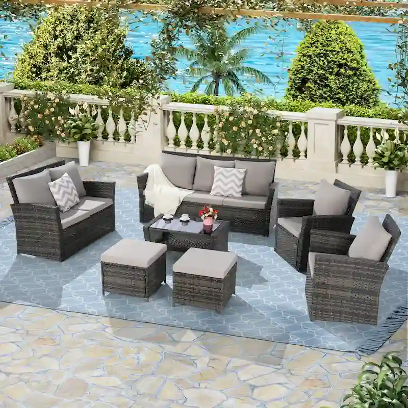 7 Piece Outdoor PE Rattan Sectional Sofa Set, Patio Conversation Furniture Set with Coffee Table and 2 Footstool