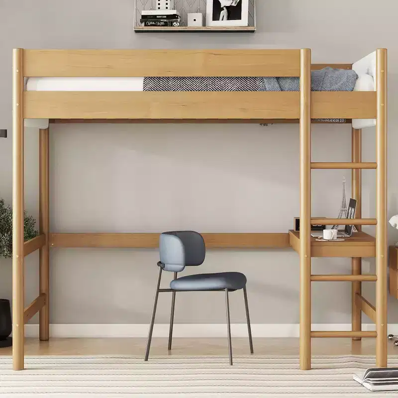 Bellemave Twin Loft Bed with Desk, Teddy Boucle Upholstered Headboard & Footboard, Rubberwood Frame, Ladder & Safety Guardrails, Natural