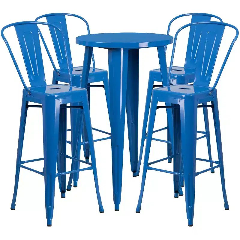 Merrick Lane Outdoor Dining Set with 24 Round Table and Slatted Back Bar Stools with Footrests
