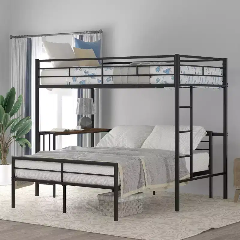 Twin over Full Metal Bunk Bed Frame with Desk, Twin Size Loft Bed with Separate Full Size Lower Bed for Kids