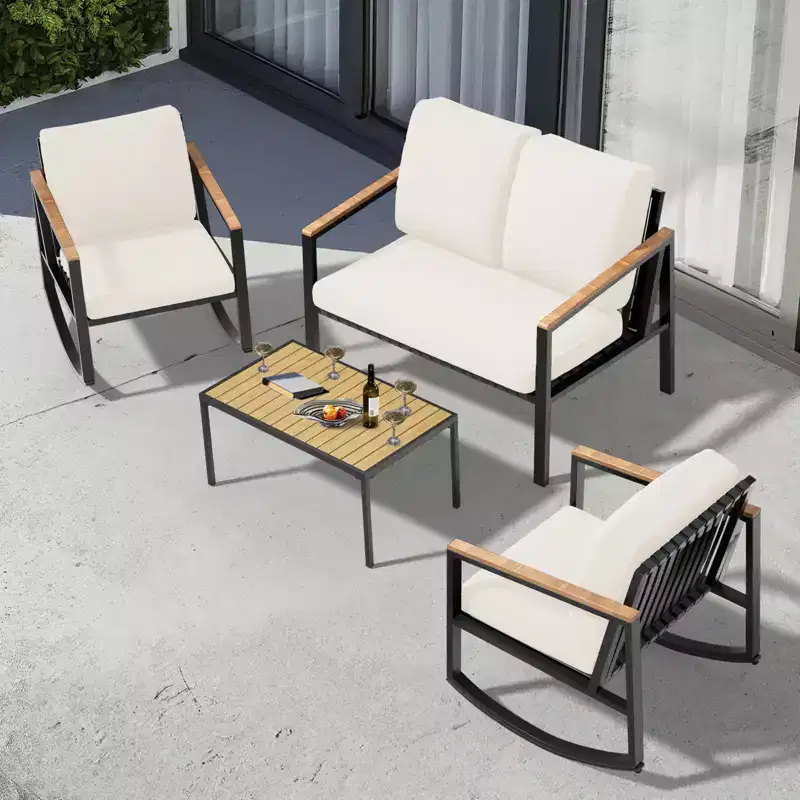 4-Piece Metal Outdoor Patio Conversation Set with Cushions, 2-Rocking Chairs and Coffee Table