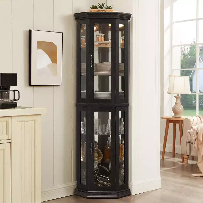 Lighted Corner Curio Cabinet - Glass Display Shelf with Tempered Glass Doors, Adjustable Shelving- Ideal Bar Cabinet for Home Decor-BLACK