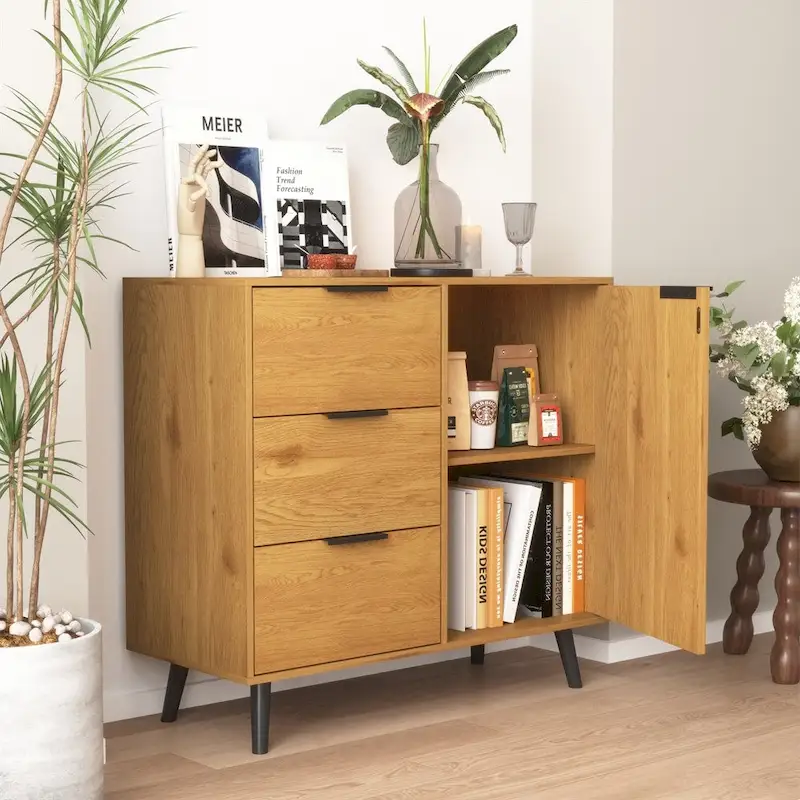 Natural Wood / Gray, 1-Person Sideboard Buffet Cabinet with 3 Drawers, Adjustable Shelf & Door