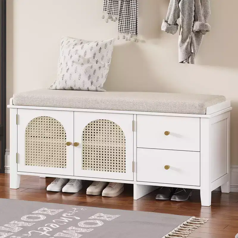 TUYOHW Shoe Storage Bench, Vintage Shoe Bench with Storage and Cushion, Shoe Bench with 2 Drawers and 2 Rattan Door for Entryway, White