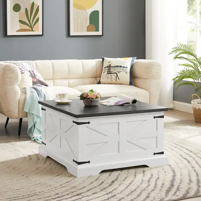 Farmhouse Coffee Table Square Wooden Table with Large Hidden Storage Compartment Hinged Lift Table Top, for Living Room