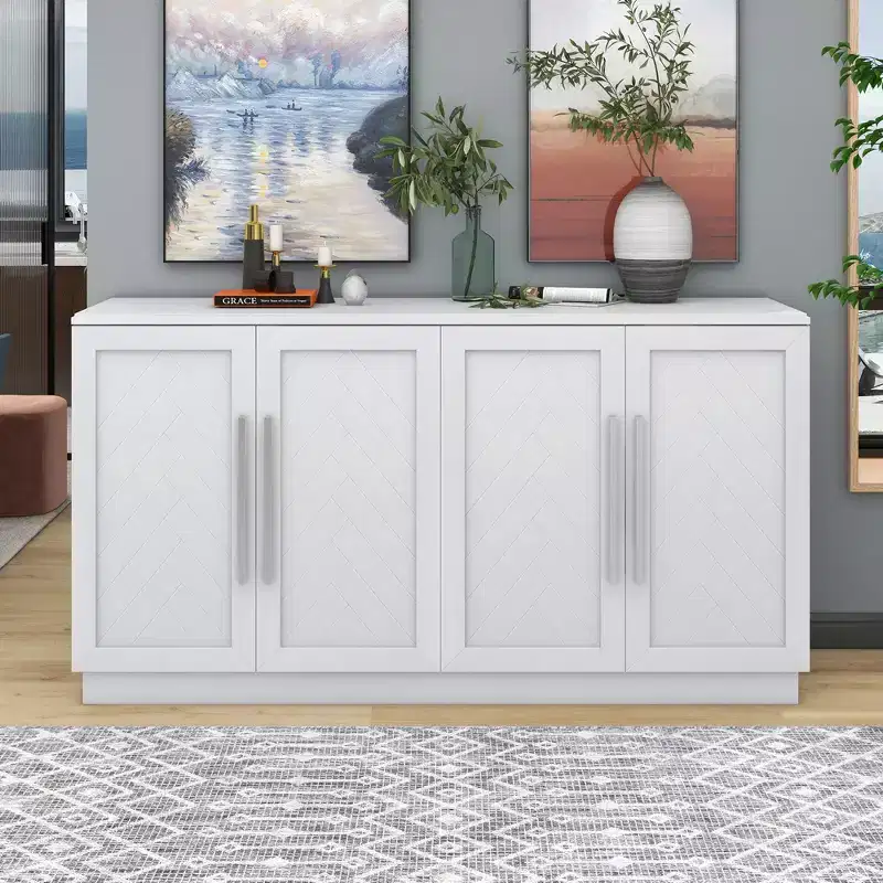 Sideboard Buffet Cabinet with Storage, Adjustable Shelves and Silver Handles for Kitchen