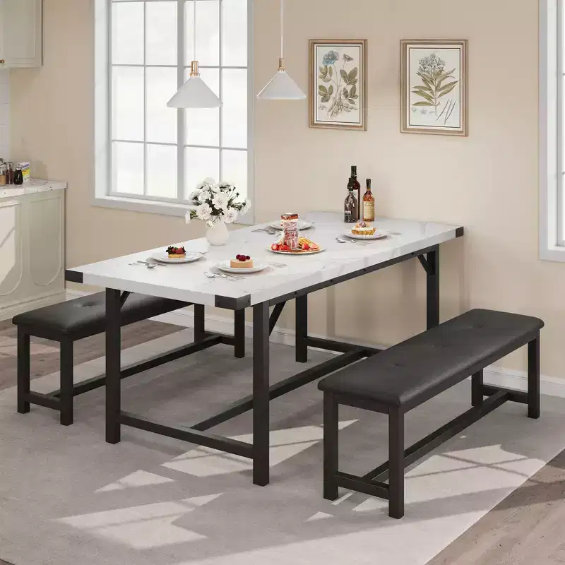3-Piece Dining Table Set , Kitchen Table Set with 2 Benches, Dining Room Table Set for 4-6 People for Apartment, Kitchen, Living Room