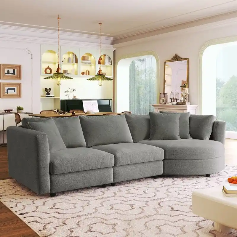 Modern Cushioned Sofas with 3 Pillows and Curved Seat