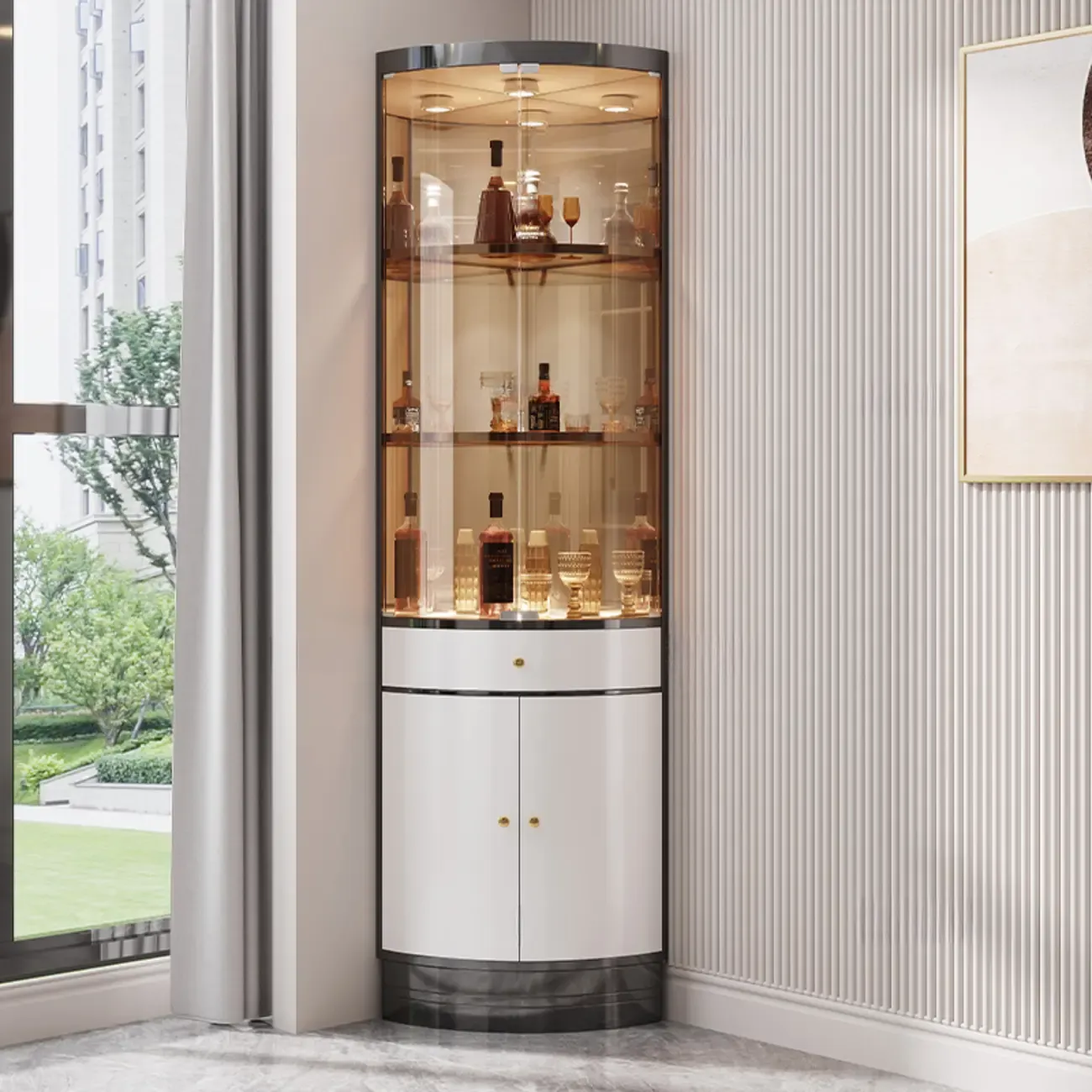 Multiple Levels Glass and Metal Shelf Storage Display Corner Wine Cabinet